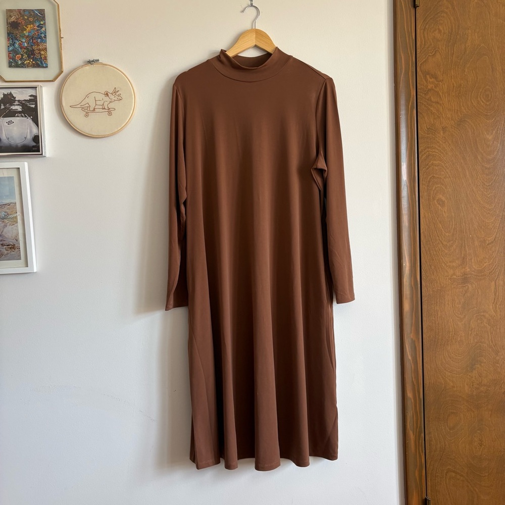Susan Graver Brown Mock Neck Long Sleeve Midi Dress